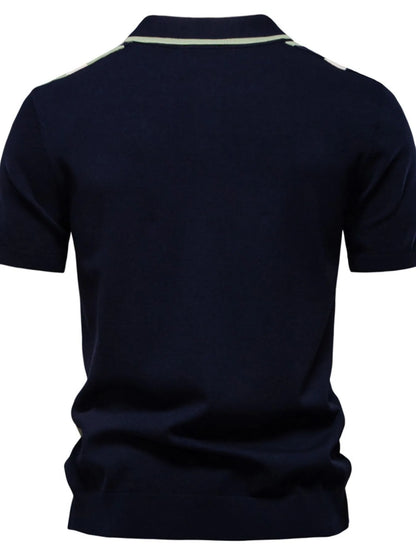 Men's Color Block Striped Knit Polo Shirt - Navy