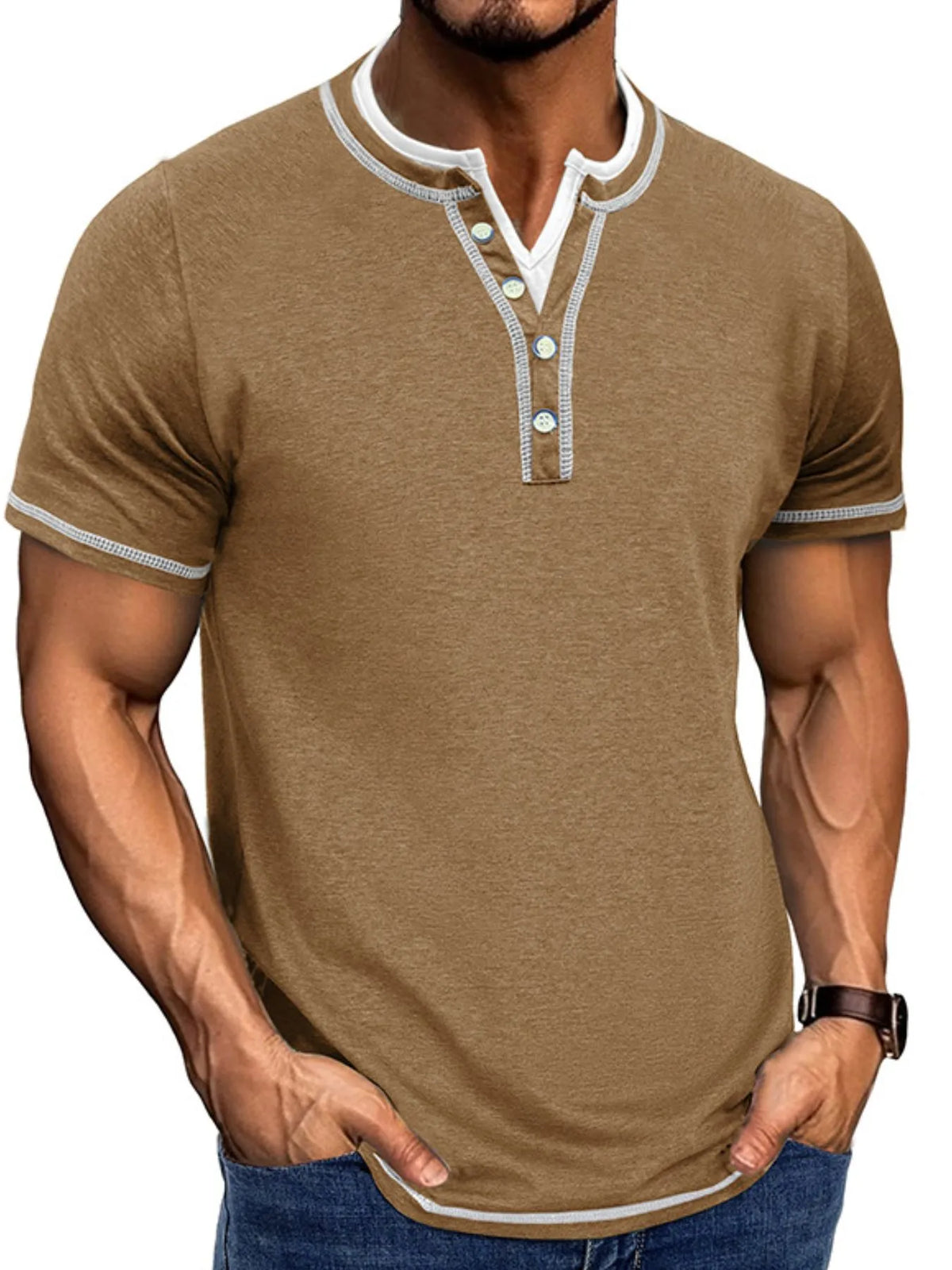 Men's Casual Henley Polo Shirt with Contrast Trim - Camel
