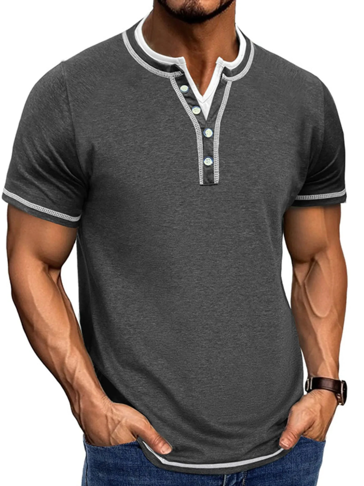 Men's Casual Henley Polo Shirt with Contrast Trim - Camel