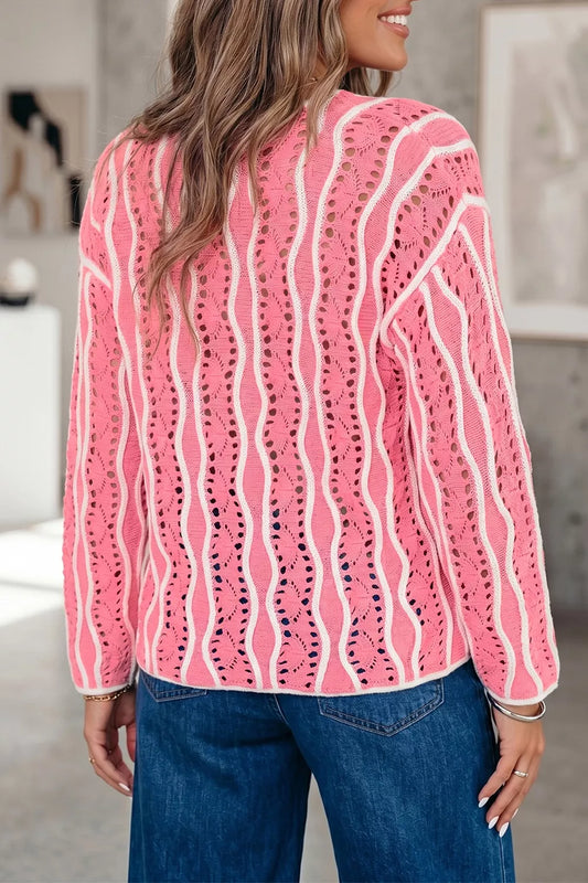 Wavy Openwork Long-Sleeve Knit Sweater | DCDesigns