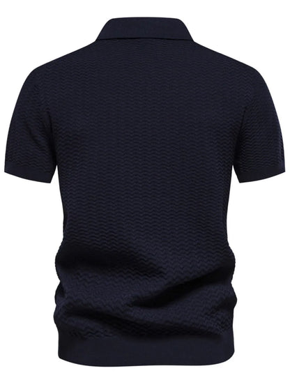 Men's Collared Neck Striped Texture Knit Polo Shirt - Dark Navy