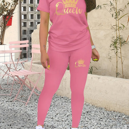 Two-Piece Crown “Queen” Print Set for Women