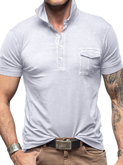 Men's Classic Pocket Polo Shirt with Stand Collar - White