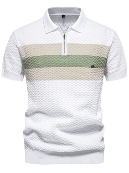 Men's Collared Neck Striped Texture Knit Polo Shirt - White