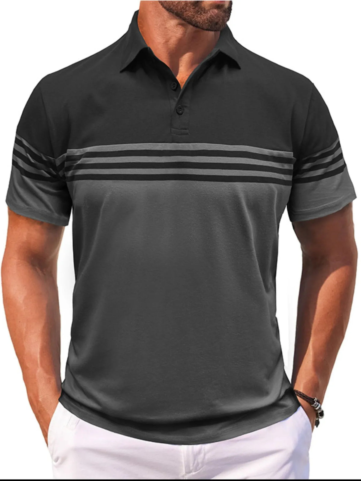 Men's Color Block Striped Polo Shirt - Dark Gray