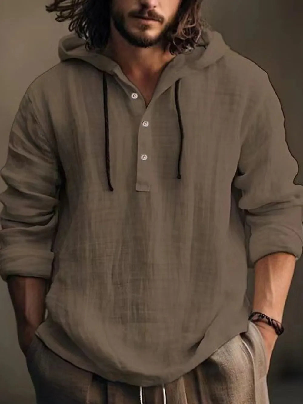Men's Full Size Half Button Long Sleeve Hoodie - DCDesigns mens casual hoodie product view