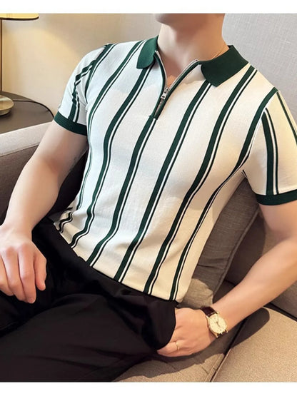 Men's Classic Striped Zip Collar Polo Shirt - Black