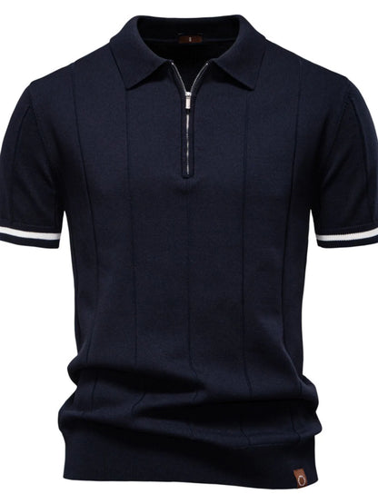 Men's Classic Zip-Neck Knitted Polo Shirt - Navy