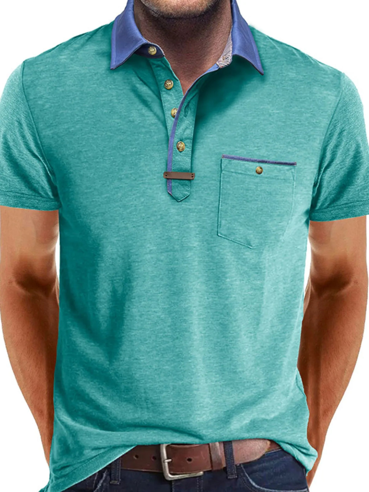 Men's Contrast Collar Pocket Polo Shirt - White