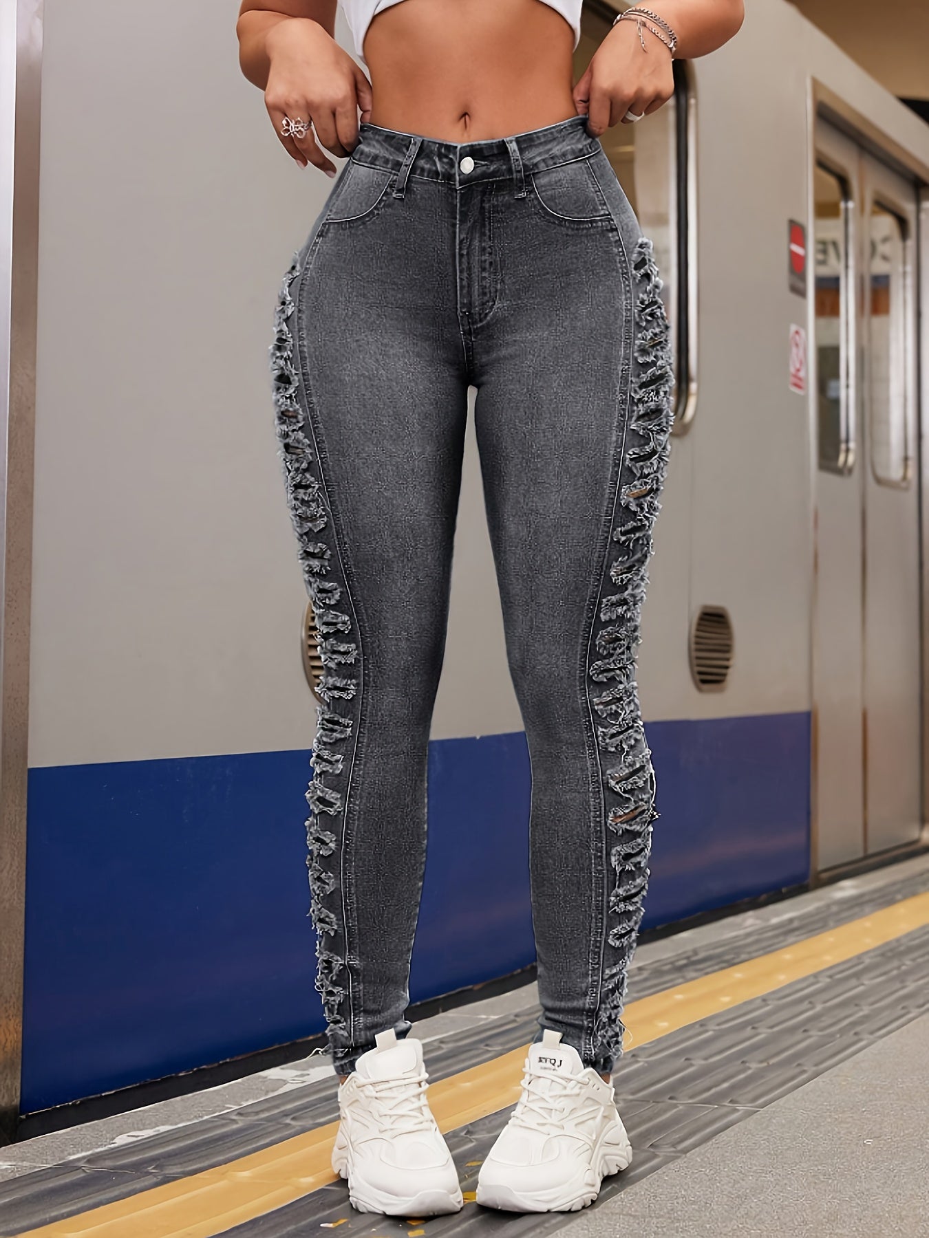 Stretchy Ripped Side Skinny Fit Distressed Denim Jeans - Versatile, Comfortable, and Fashionable Pants for Women - Premium Quality, Soft Fabric, and Classic Style