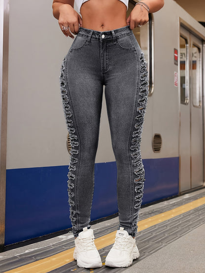 Stretchy Ripped Side Skinny Fit Distressed Denim Jeans - Versatile, Comfortable, and Fashionable Pants for Women - Premium Quality, Soft Fabric, and Classic Style