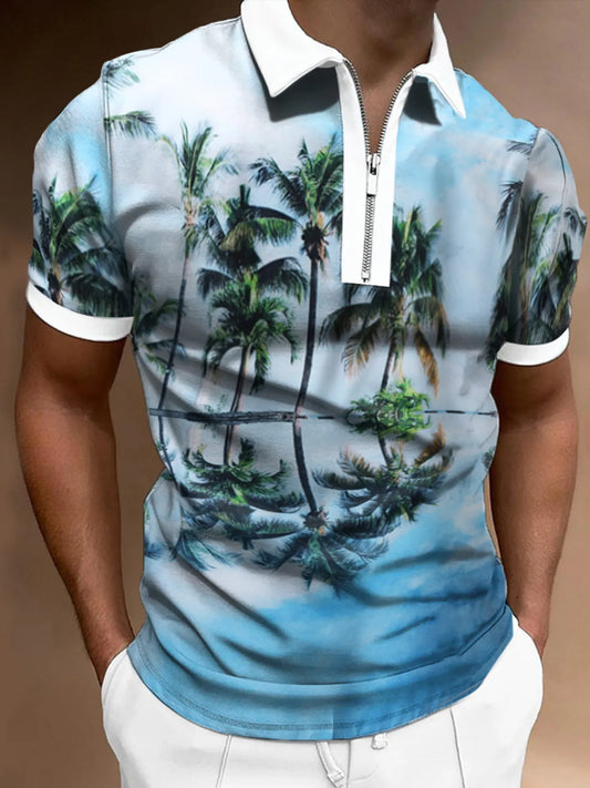 Men's Tropical Palm Tree Print Zipper Polo Shirt - Pastel  Blue