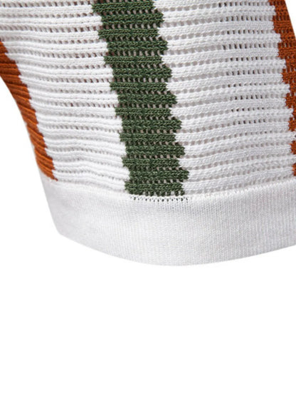 Men's Collared Neck Striped Knit Polo Shirt - White