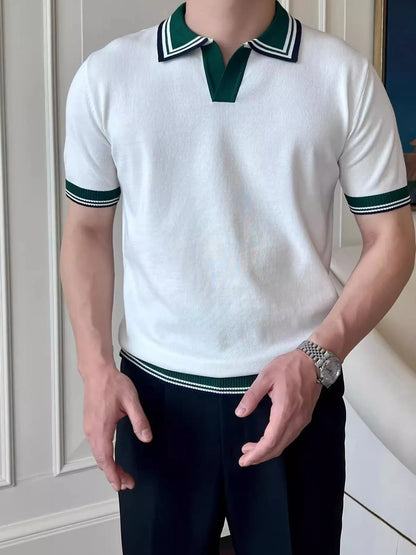 Men's Classic Striped Collar Knit Polo Shirt - Royal Blue