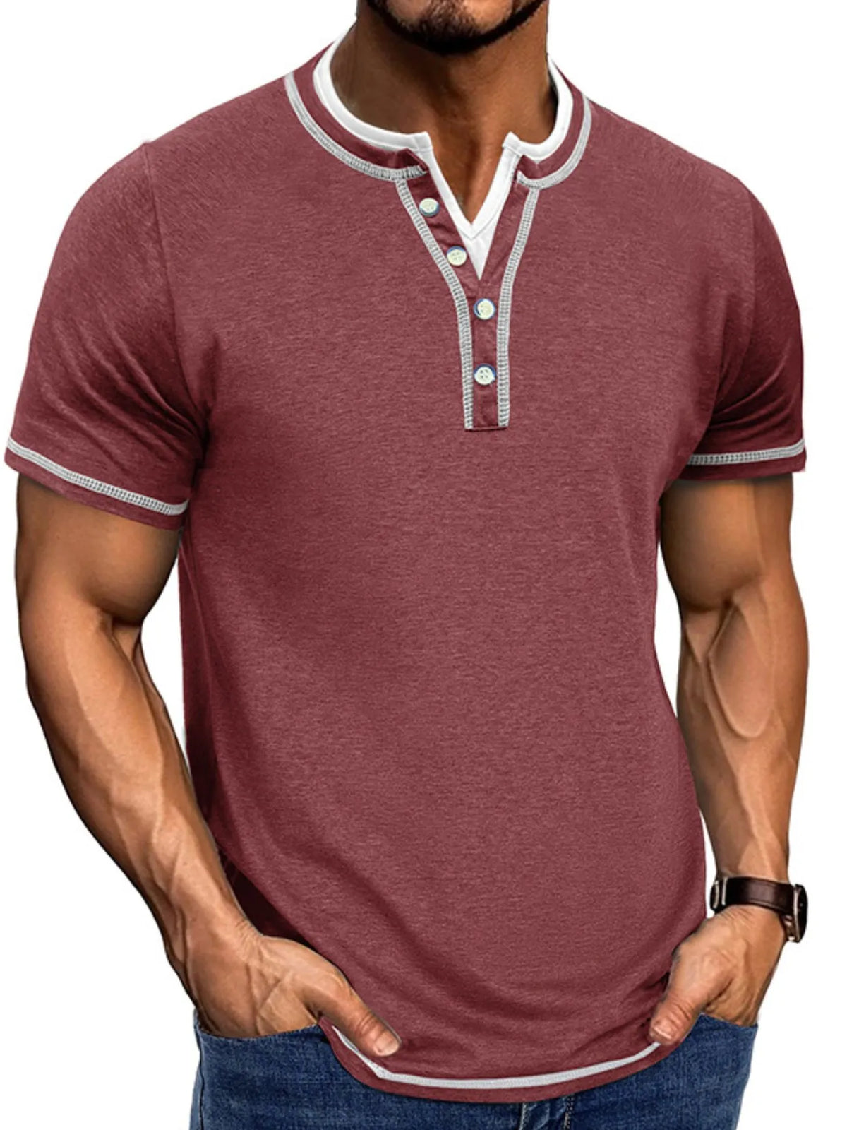 Men's Casual Henley Polo Shirt with Contrast Trim - Dark Gray