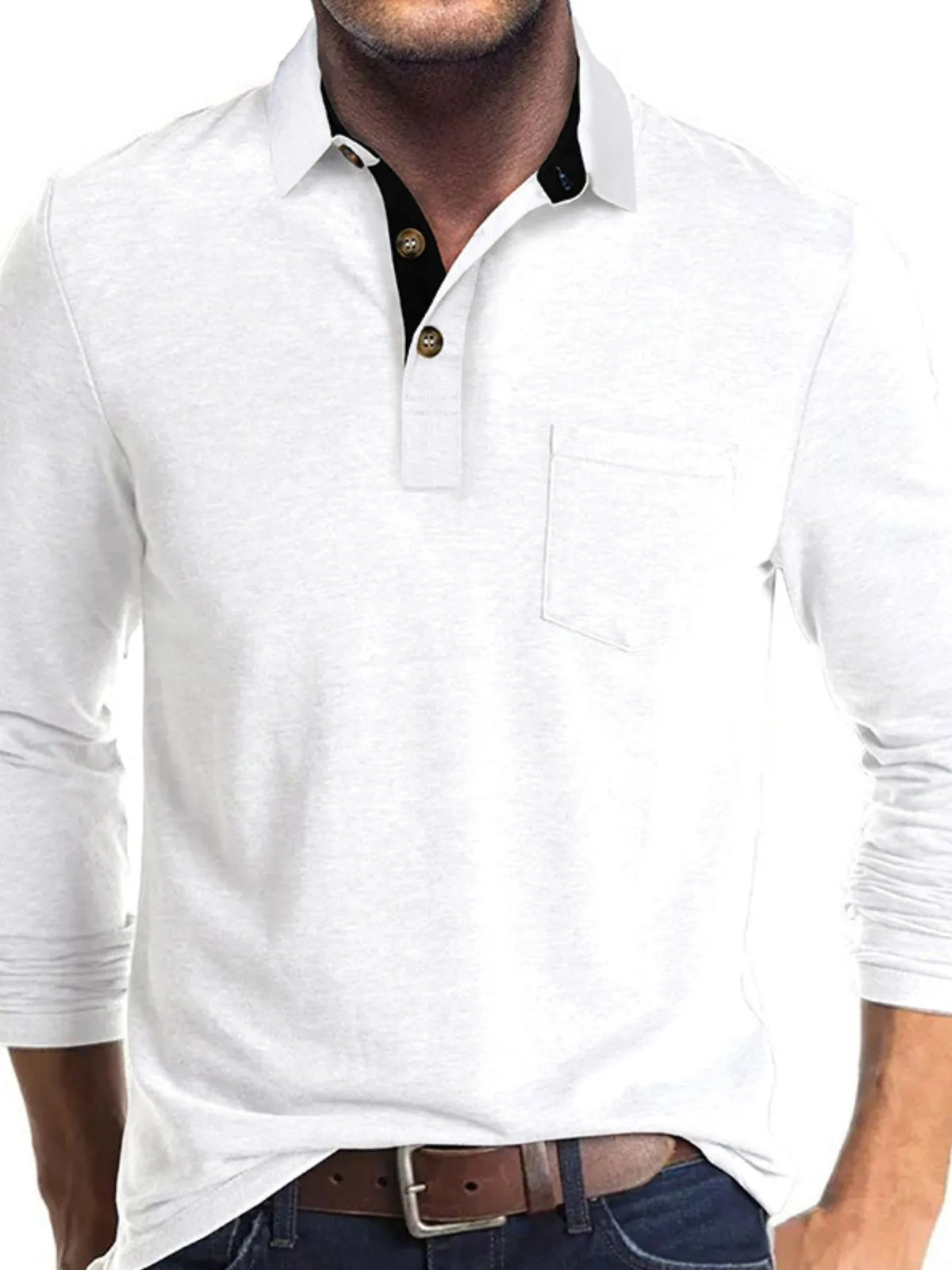 Men's Long Sleeve Pocket Polo Shirt - White