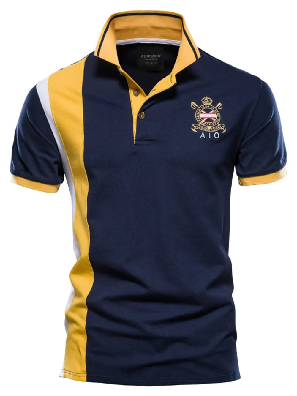 Men's Embroidered Collared Neck Striped Contrast Polo Shirt - Navy
