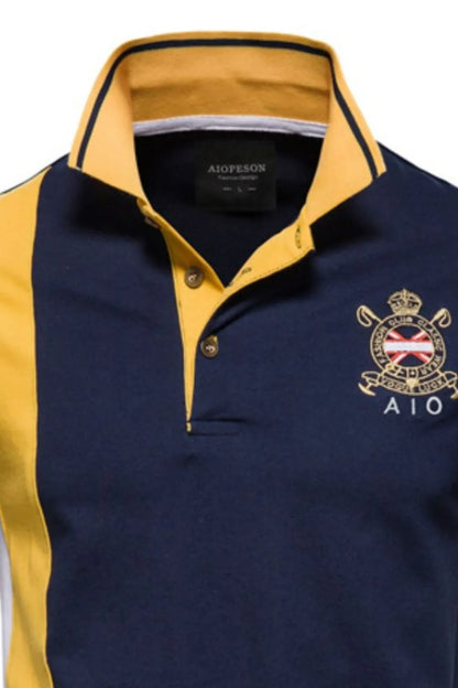 Men's Embroidered Collared Neck Striped Contrast Polo Shirt - Navy