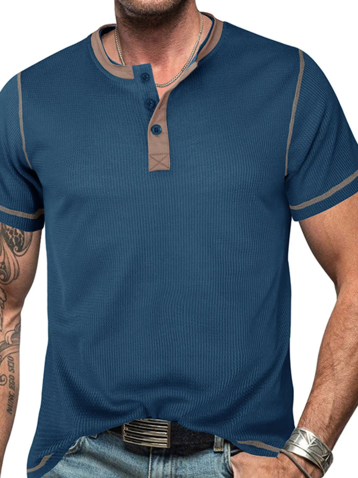 Men's Contrast Stitch Henley Polo Shirt - Peacock  Blue