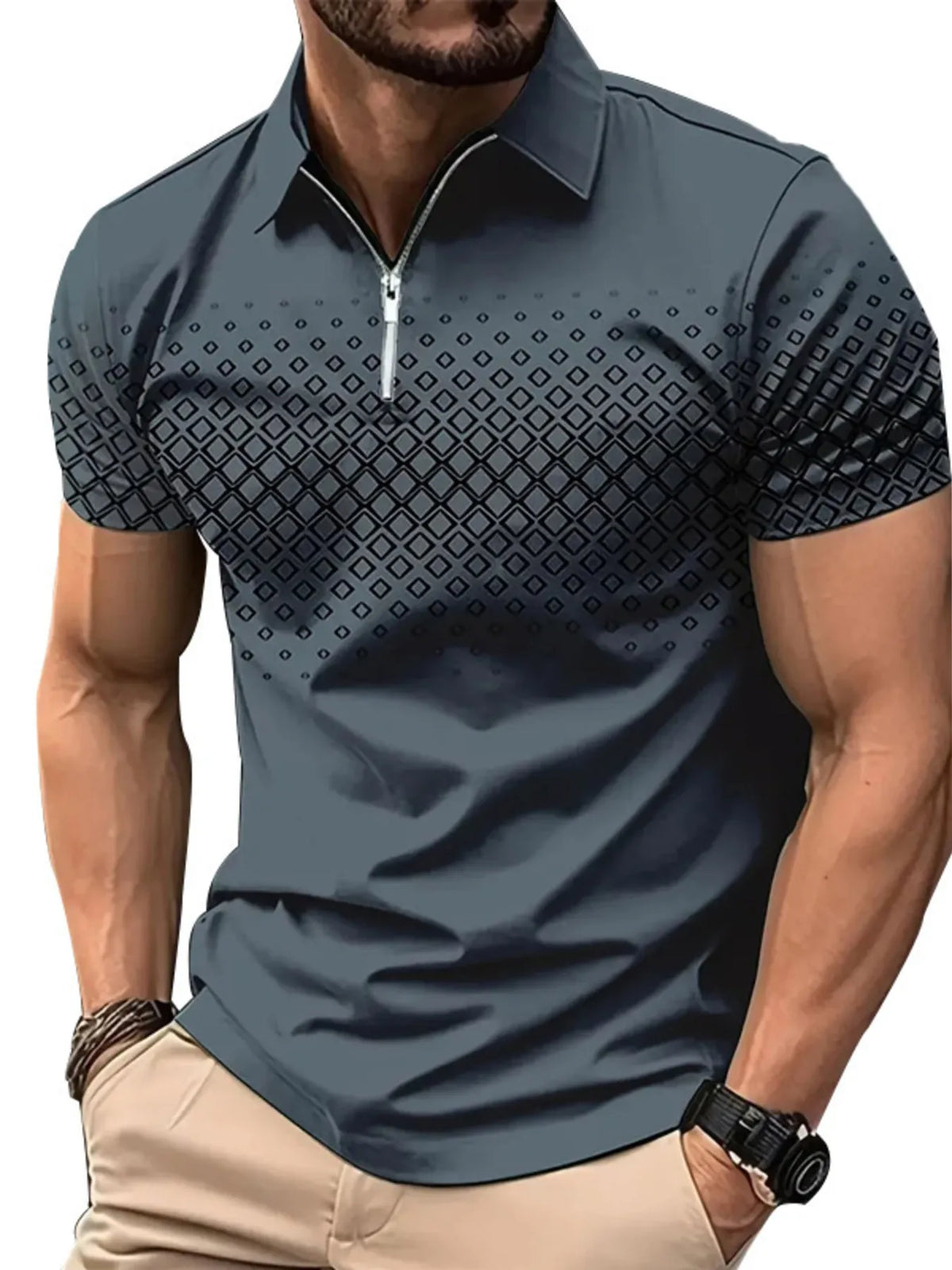 Men's Diamond Print Short Sleeve Polo Shirt - Army Green
