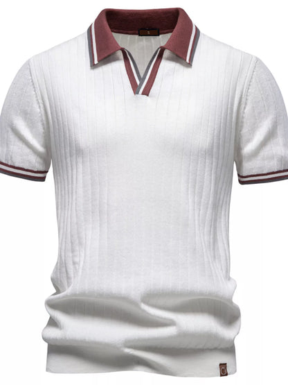 Men's Classic Ribbed Knit Short Sleeve Polo Shirt - Coffee