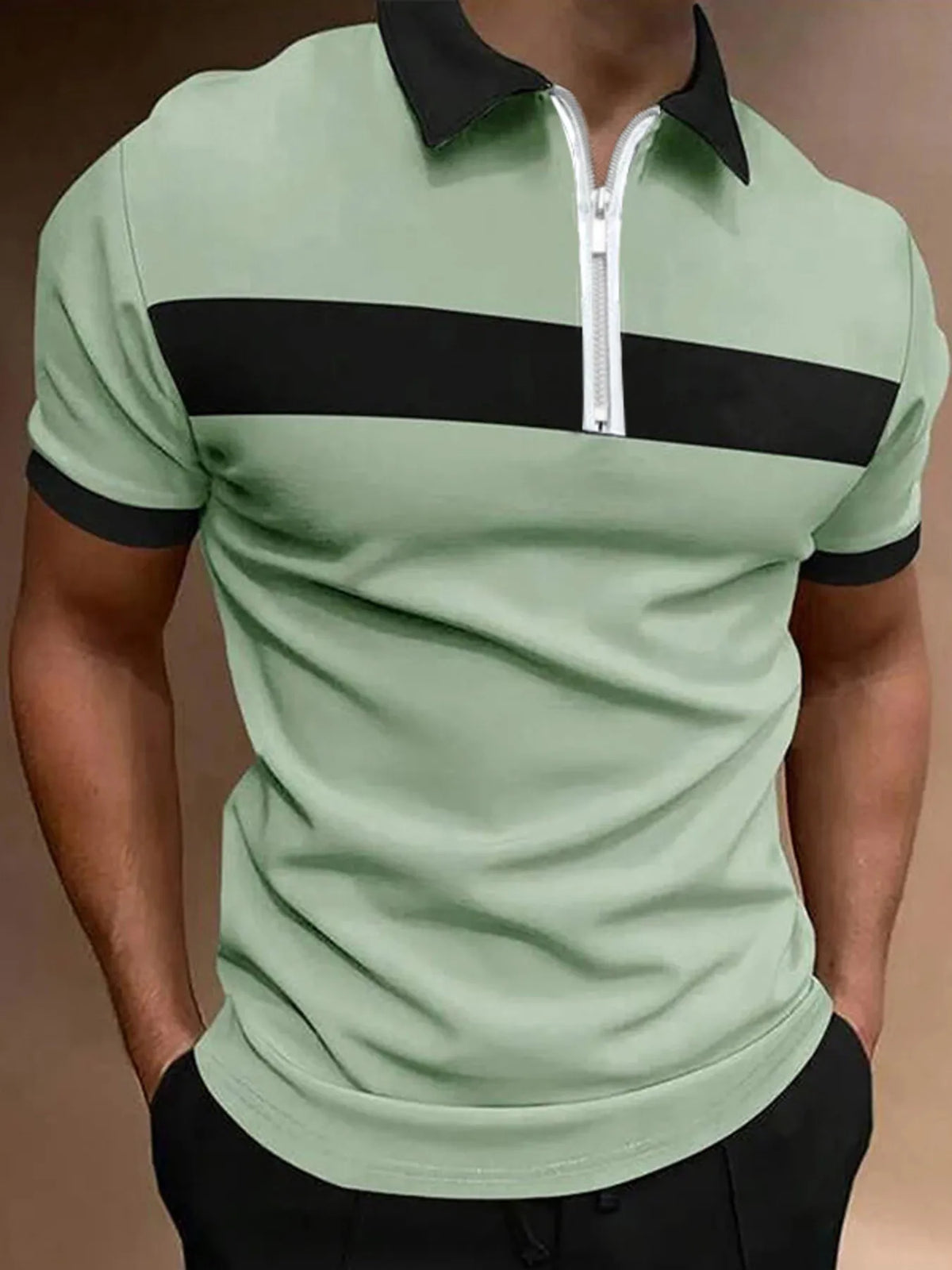 Men's Casual Color Block Zipper Polo Shirt - Burgundy