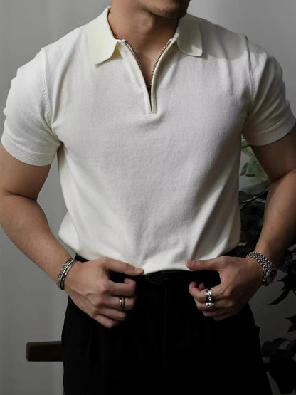 Men's Zip Collar Short Sleeve Polo Shirt - Black