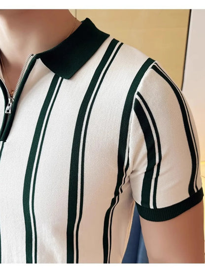 Men's Classic Striped Zip Collar Polo Shirt - White
