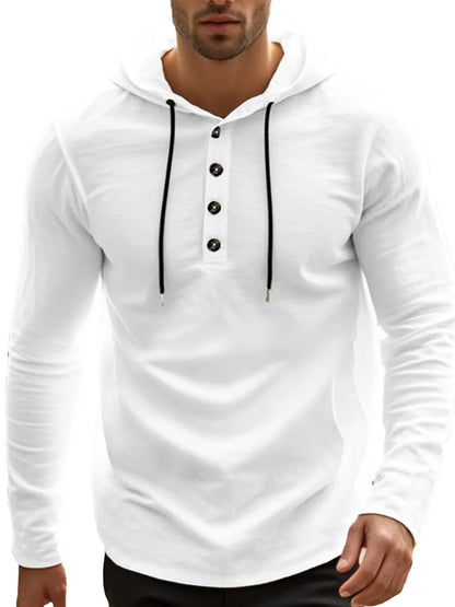 Men's Full Size Drawstring Button Detail Long Sleeve Hoodie Plus Size - DCDesigns mens casual hoodie product view