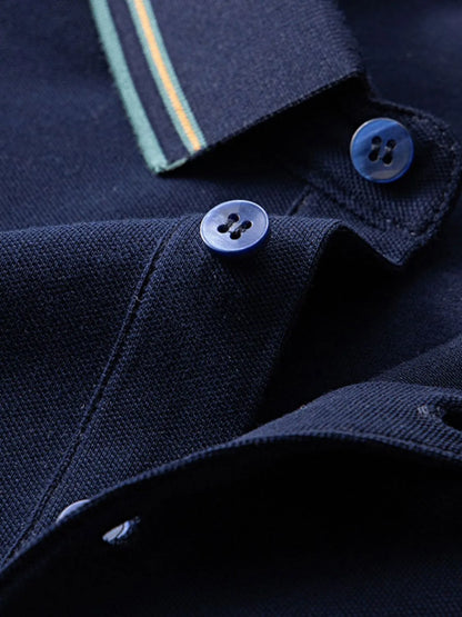 Men's Short Sleeve Breathable Polo with Stripe Detail Collar - Navy