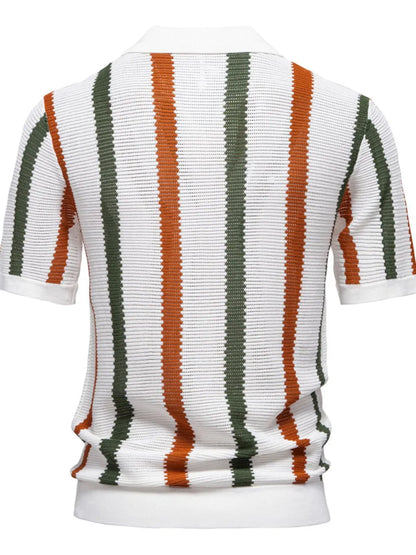 Men's Collared Neck Striped Knit Polo Shirt - White