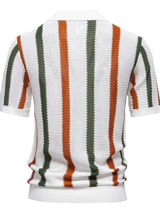 Men's Collared Neck Striped Knit Polo Shirt - White