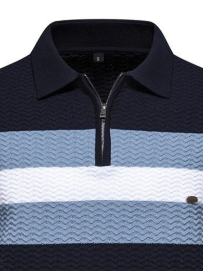 Men's Collared Neck Striped Texture Knit Polo Shirt - Dark Navy