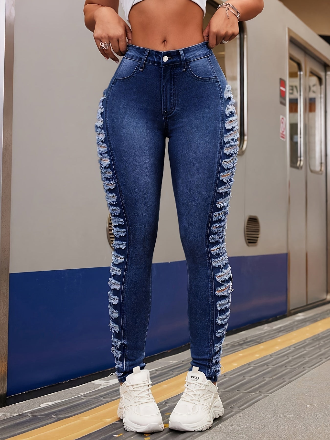 Stretchy Ripped Side Skinny Fit Distressed Denim Jeans - Versatile, Comfortable, and Fashionable Pants for Women - Premium Quality, Soft Fabric, and Classic Style