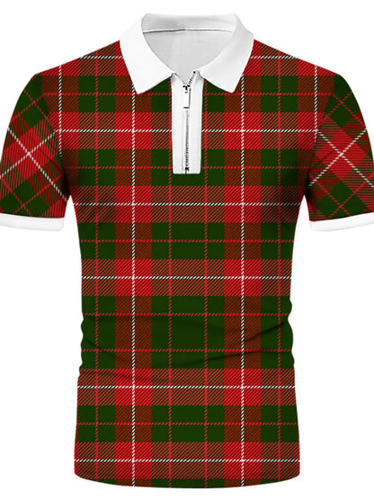 Men's Plaid Quarter Zip Short Sleeve Polo Shirt - Light Blue