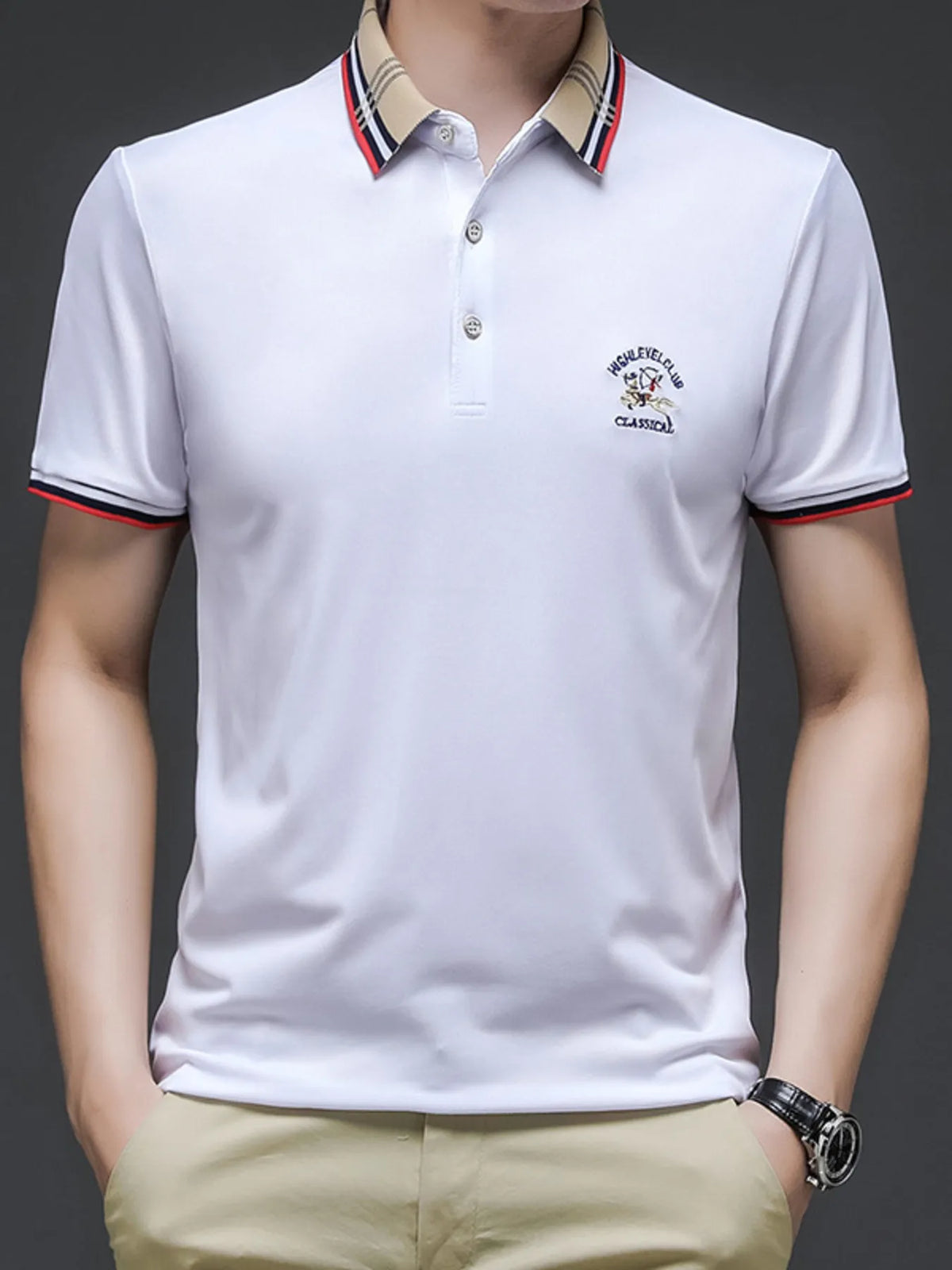 Men's Striped Collar Short Sleeve Polo Shirt - Black