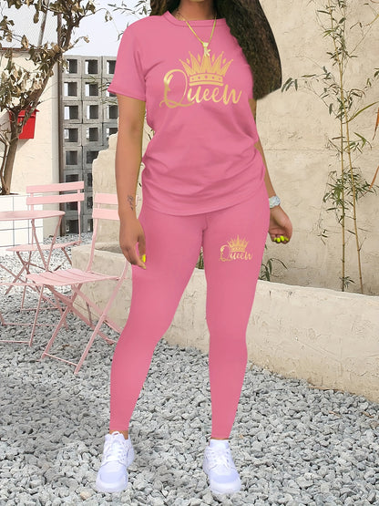 Two-Piece Crown “Queen” Print Set for Women