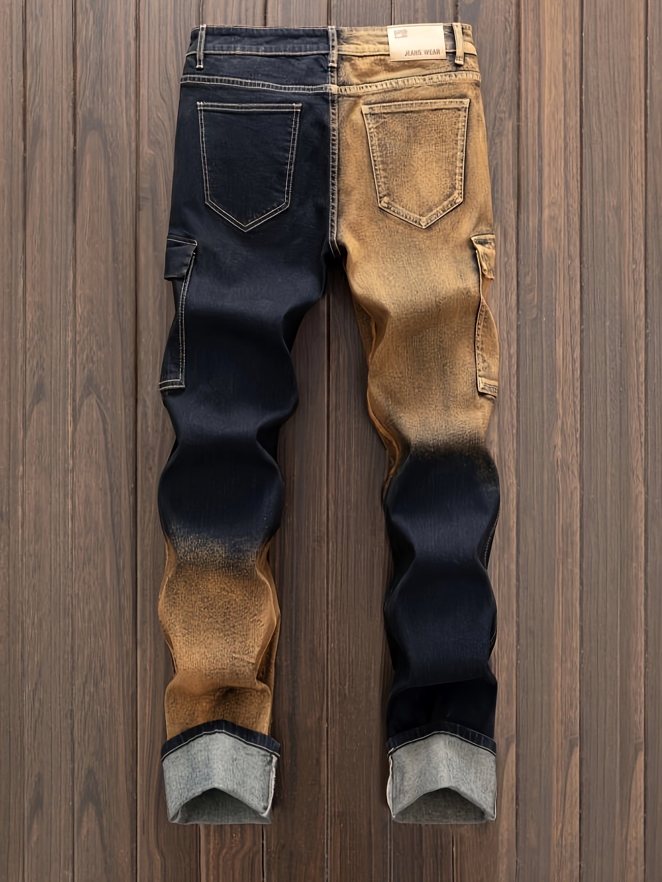 Vintage-Inspired Distressed Denim Cargo Pants for Men - Cotton Blend, Striped, Casual Fit with Multi-Pocket Design