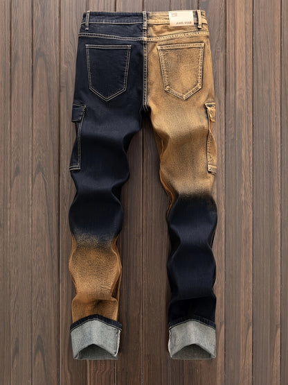 Vintage-Inspired Distressed Denim Cargo Pants for Men - Cotton Blend, Striped, Casual Fit with Multi-Pocket Design