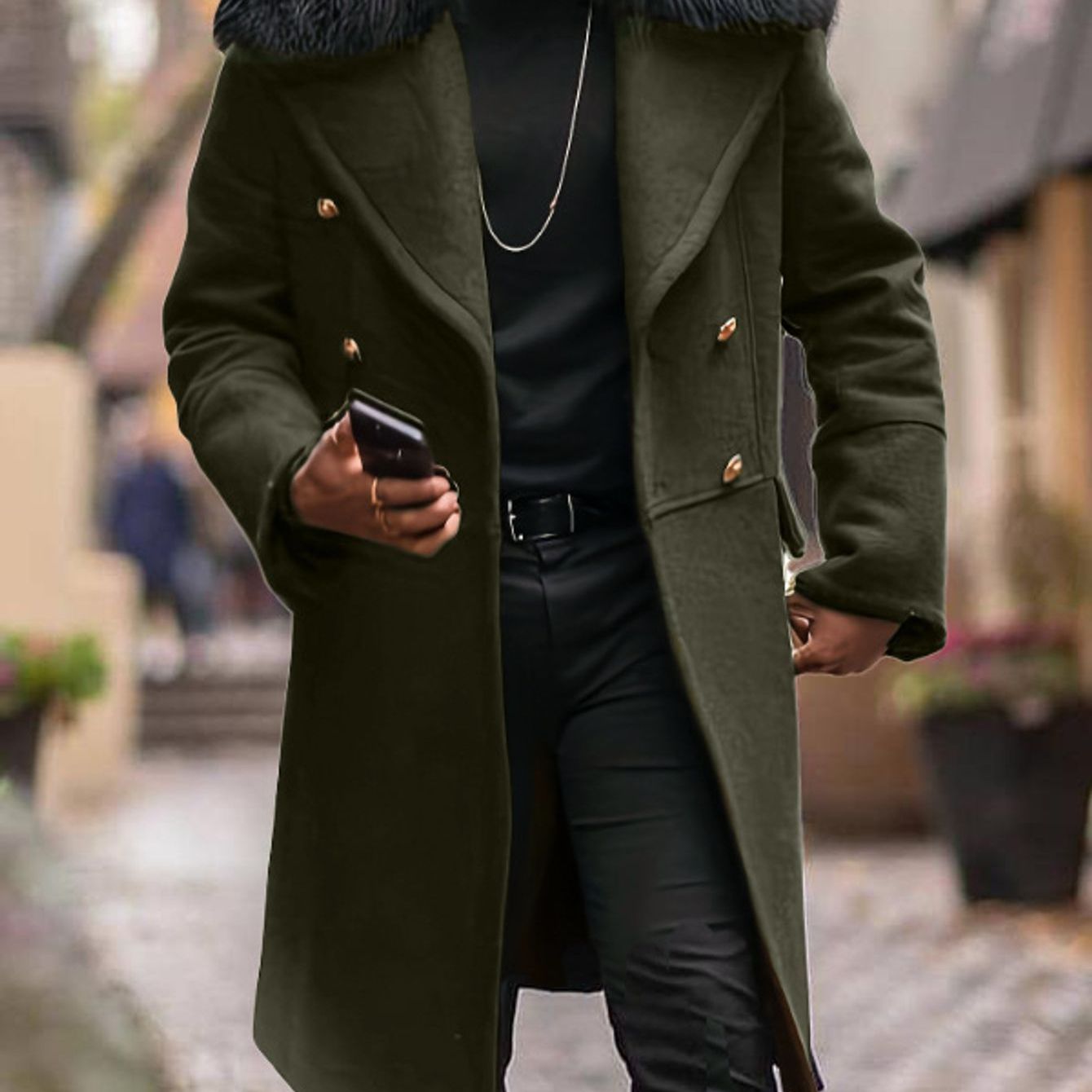 Men's Winter-Ready Slim-Fit Long Lapel Trench Coat with Plush Collar & Belt - Double-Breasted Notched Jacket, Golden-Tone Buttons, Heavy-Duty Cold Weather Outerwear for Formal & Casual (Maroon/Black) - Hand Wash/Dry Clean, Co