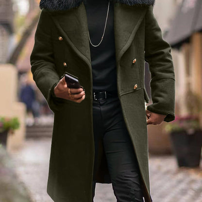 Men's Winter-Ready Slim-Fit Long Lapel Trench Coat with Plush Collar & Belt - Double-Breasted Notched Jacket, Golden-Tone Buttons, Heavy-Duty Cold Weather Outerwear for Formal & Casual (Maroon/Black) - Hand Wash/Dry Clean, Co