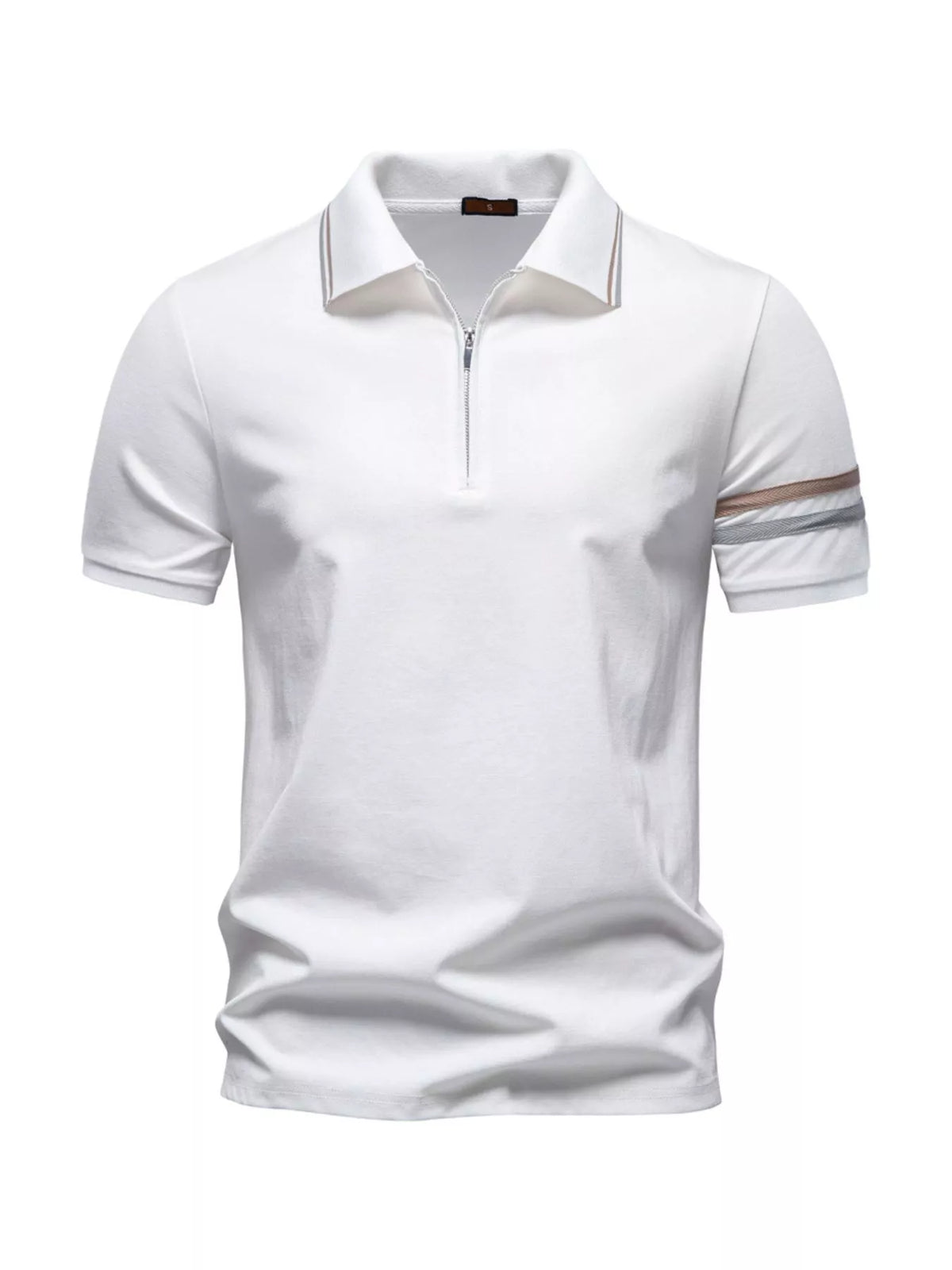Men's Zippered Collar Polo with Stripe Detail - White