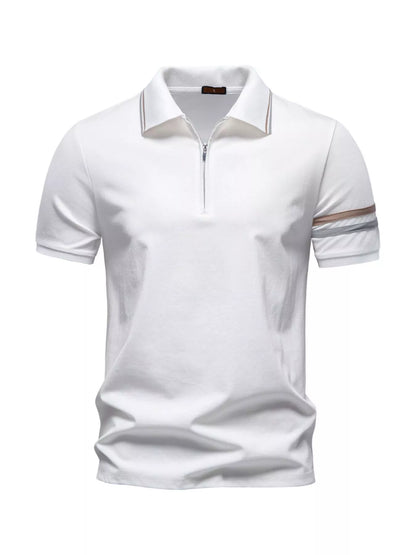 Men's Zippered Collar Polo with Stripe Detail - White