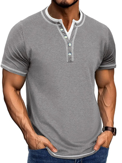 Men's Casual Henley Polo Shirt with Contrast Trim - Dark Gray