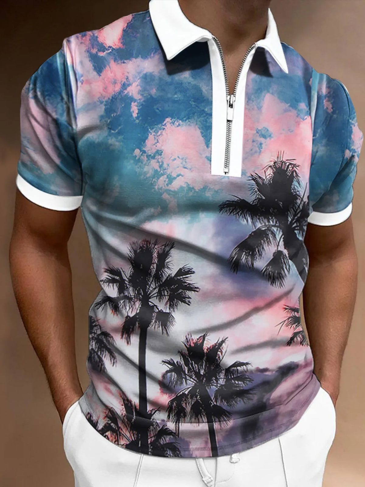 Men's Tropical Palm Tree Print Zipper Polo Shirt - Pastel  Blue