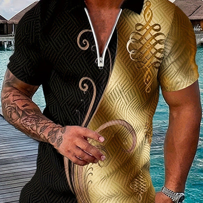Stylish Golden Black Zippered Polo Shirts for Men - Fashionable Graphic Print, Short Sleeve, Lapel Collar Design - Perfect Summer Casual Tops & Pullovers