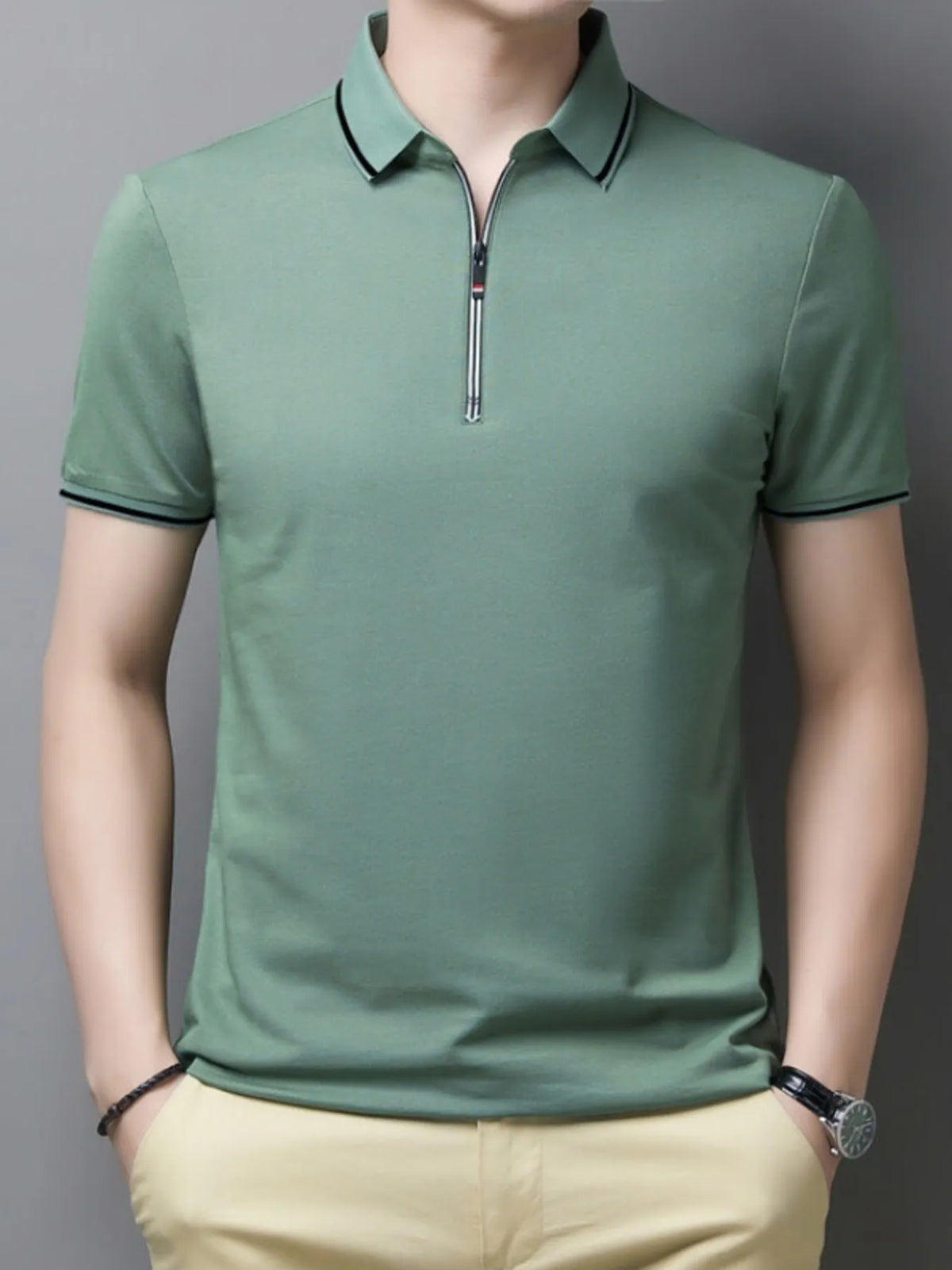 Men's Half-Zip Contrast Trim Polo Shirt - Black