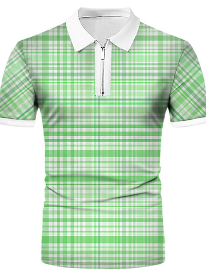 Men's Plaid Quarter Zip Short Sleeve Polo Shirt - Light Blue