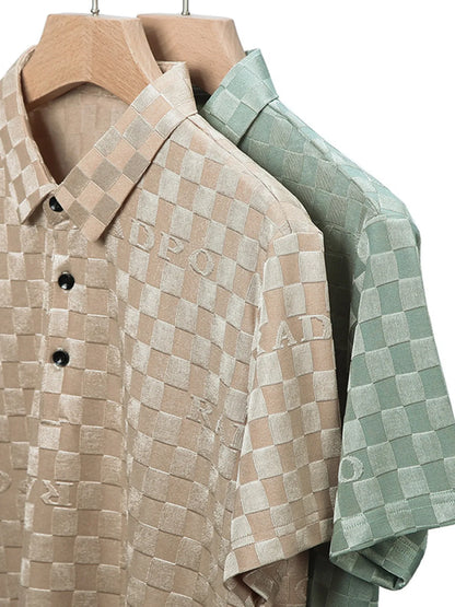 Men's Checkered Pattern Short Sleeve Casual Polo Shirt - Dust Storm