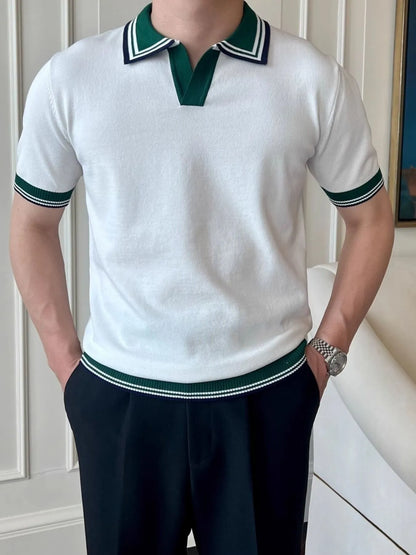 Men's Classic Striped Collar Knit Polo Shirt - White